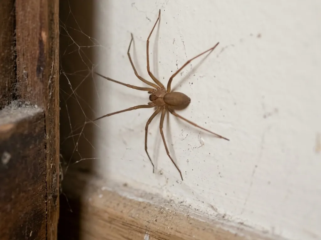 Aranha-marrom na parede, atrás de um guarda-roupa
