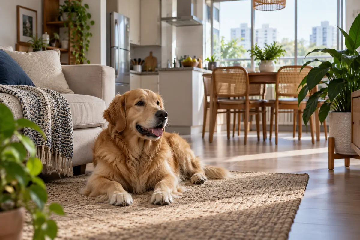 Sala integrada com cozinha, com um cachorro deitado no tapete