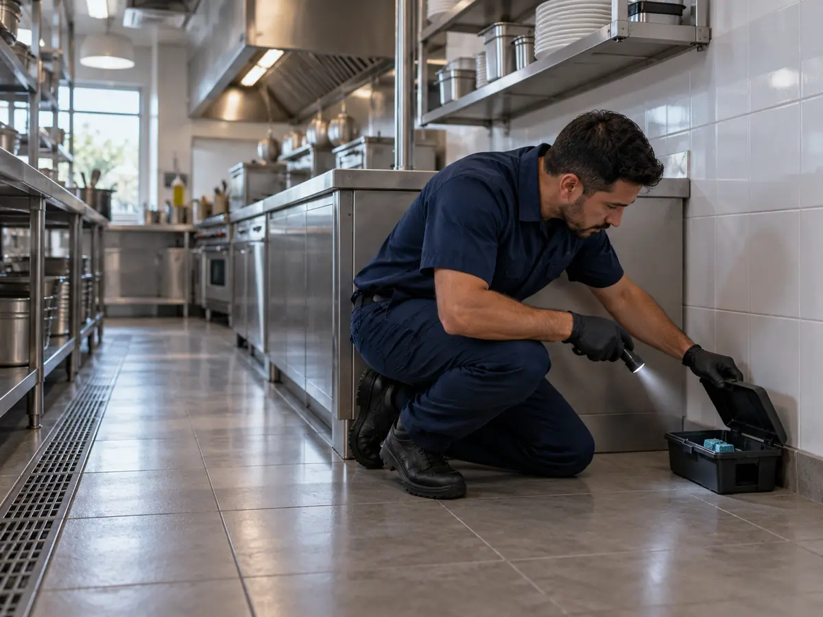 Técnico de uniforme azul confere um porta-iscas na cozinha industrial de um restaurante