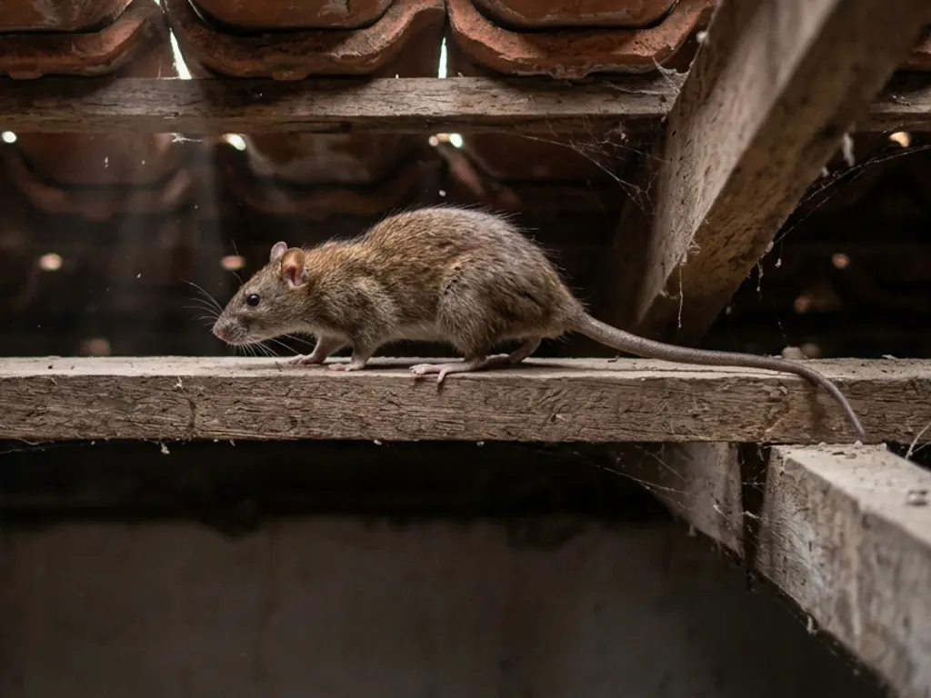 Rato andando numa viga do forro, embaixo das telhas